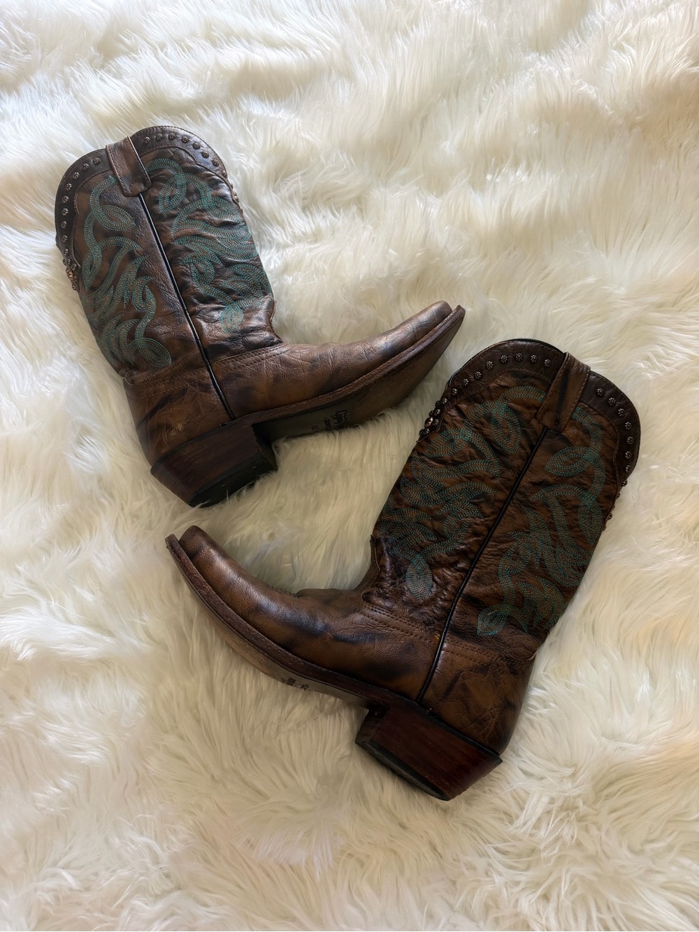 Gypsy Rose Brown Leather cowboy Western Boots with Teal Embroidery size 8.5